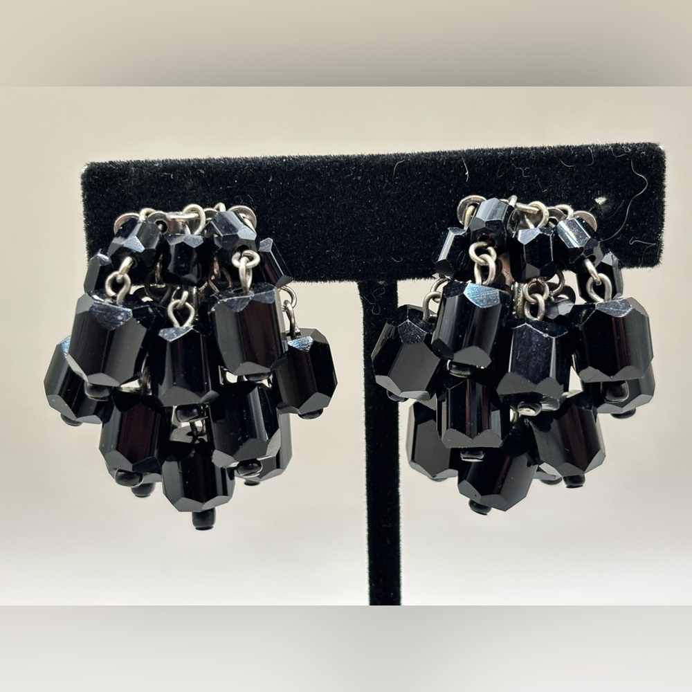 Vintage Black Crystal Bead  Waterfall Cascade  Clip Earrings 1.5”